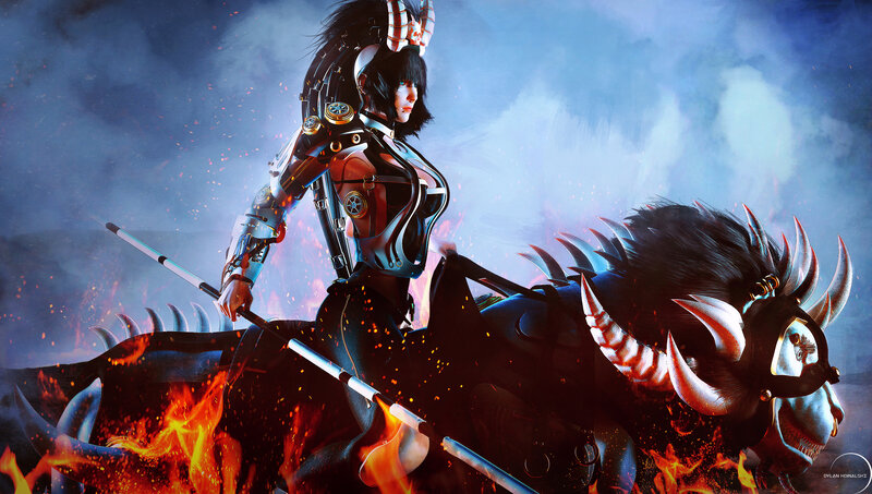 Female Warrior on a Beast — Black
