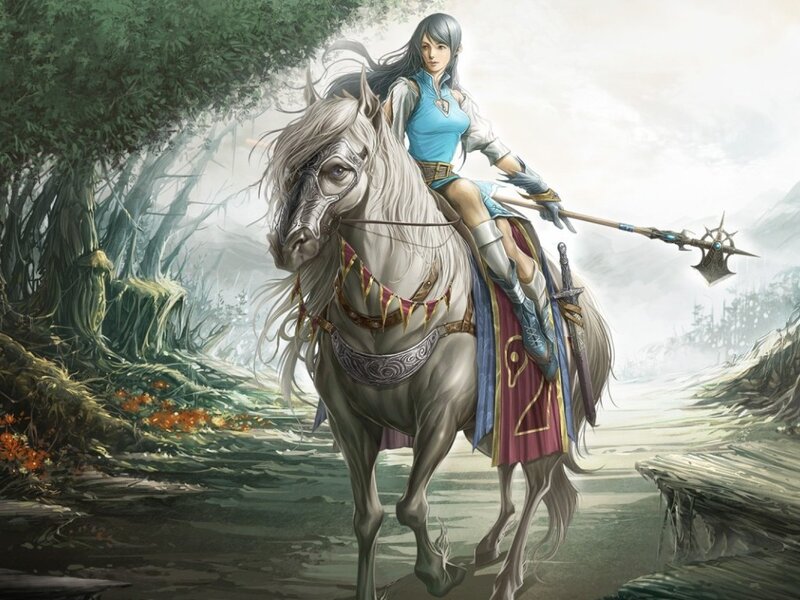 female warrior on a white horse