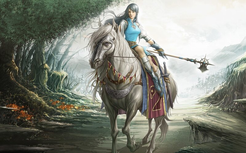 female warrior on a white horse
