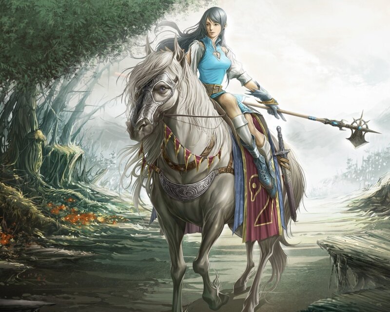 female warrior on a white horse