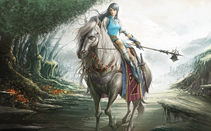 female warrior on a white horse