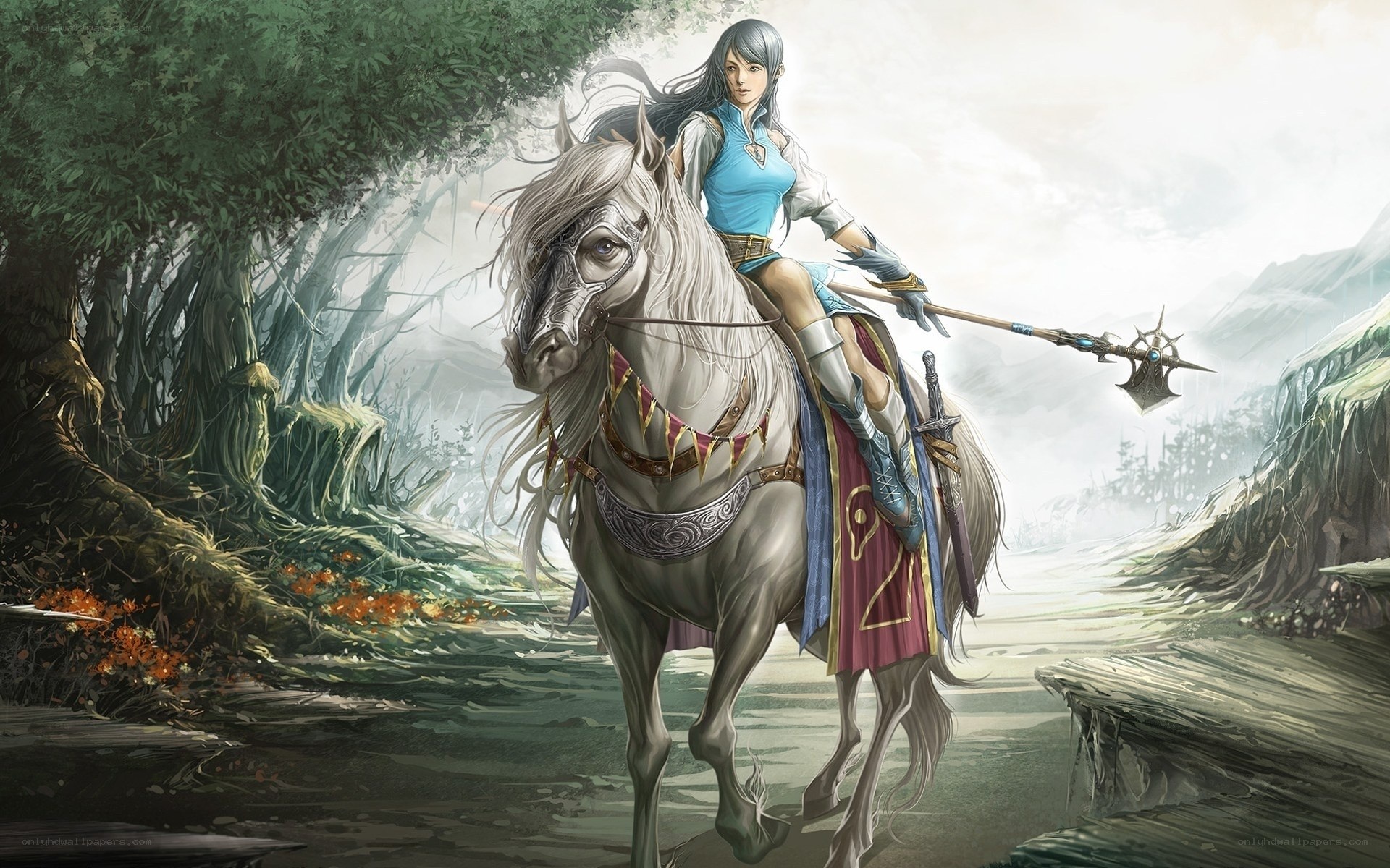 female warrior on a white horse