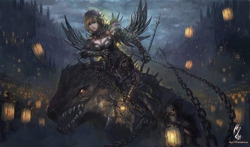 Female Warrior on Beast — Dark Gray