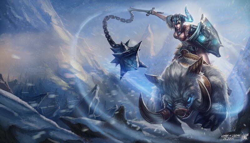 Female Warrior on Boar — Blue, Dramatic, Winter, Digital Art