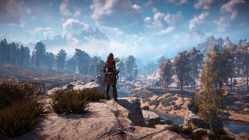 Female Warrior on Cliff — Blue, Serene, Afternoon