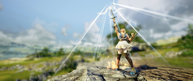 Female Warrior on Cliff — Blue