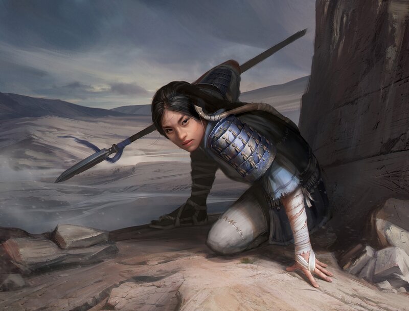 Female Warrior on Cliff — Gray