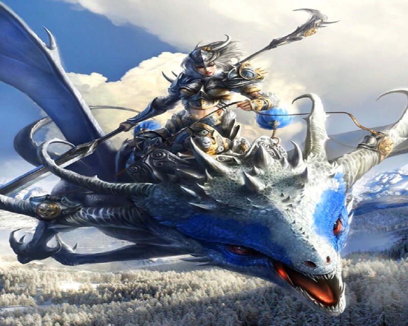 Female Warrior on Dragon — Blue, Dramatic