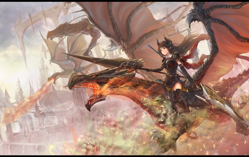 Female Warrior on Dragon — Red, Dramatic