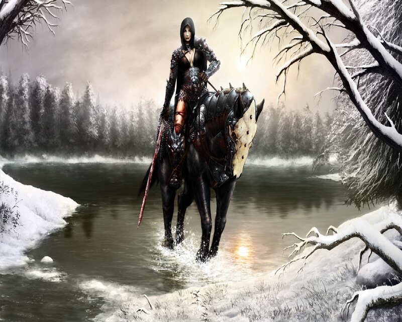 Female Warrior on Horse — Black, Dramatic