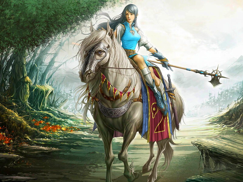 Female Warrior on Horse — Blue