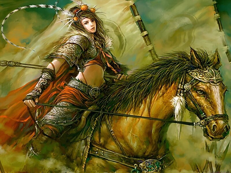 Female Warrior on Horse — Brown, Dramatic, Digital Art