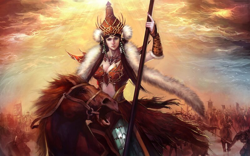 Female Warrior on Horse — Gold, Dramatic, Sunset, Digital Art