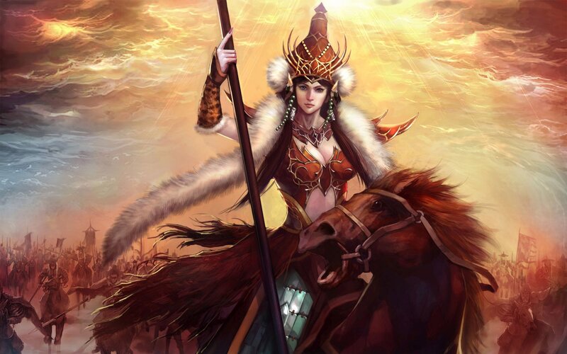 Female Warrior on Horse — Gold, Dramatic, Sunset