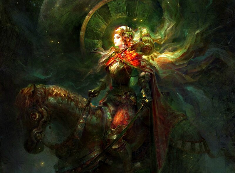 Female Warrior on Horse — Green