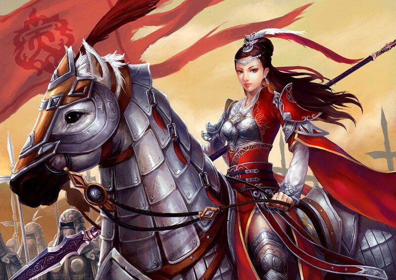 Female Warrior on Horse — Red, Dramatic, Afternoon