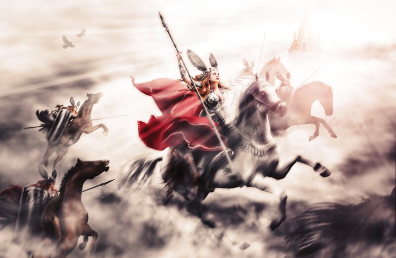 Female Warrior on Horse — Red, Dramatic, Digital Art