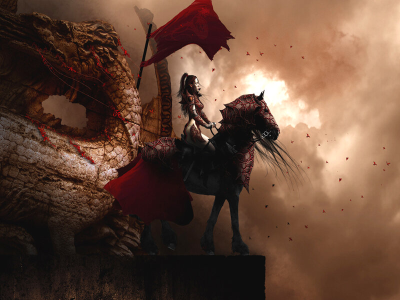 Female Warrior on Horse — Red, Dramatic
