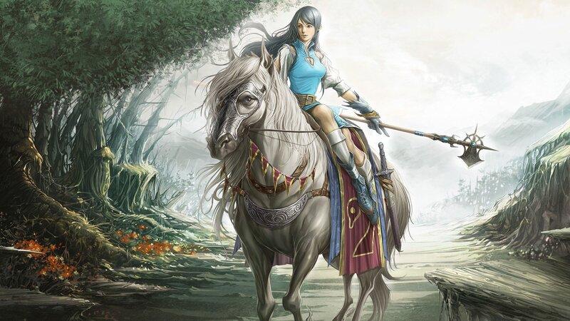 Female Warrior on Horse — White, Dramatic, Digital Art, Spear, Sword, Blue