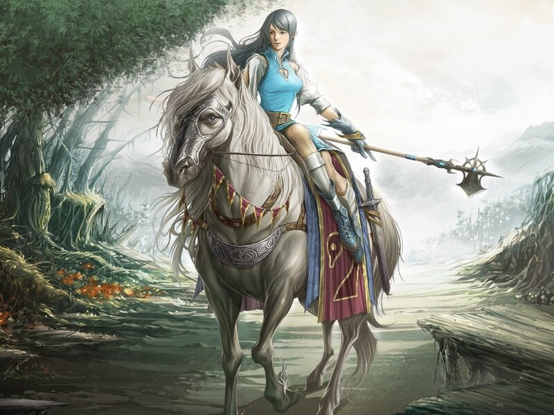 Female Warrior on Horse — White, Dramatic, Digital Art, Spear, Sword