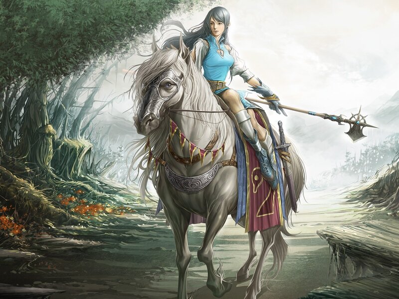 Female Warrior on Horse — White, Dramatic, Digital Art, Spear