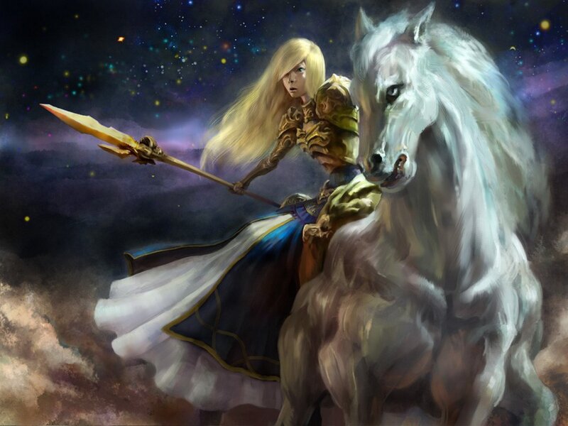 Female Warrior on Horse — White, Dramatic, Night