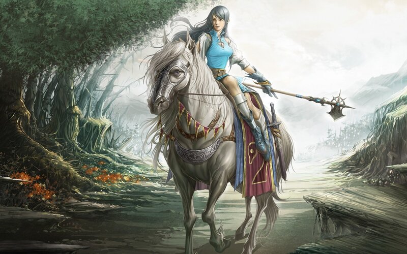 Female Warrior on Horse — White, Dramatic