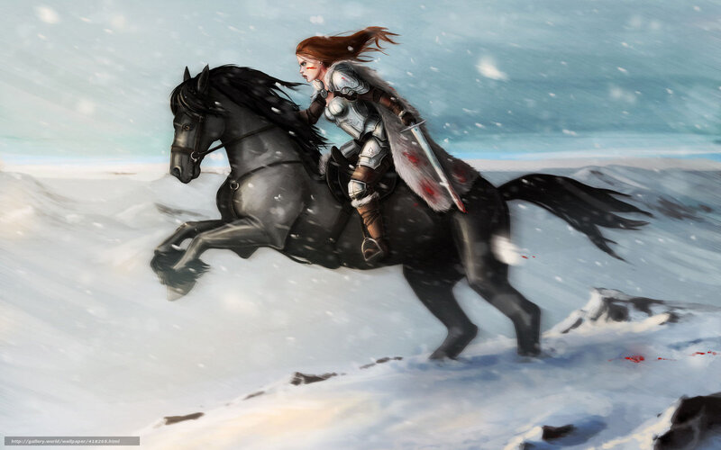 Female Warrior on Horse — White, Dramatic, Winter