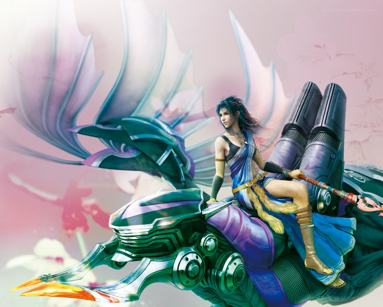 female warrior on mechanical dragon