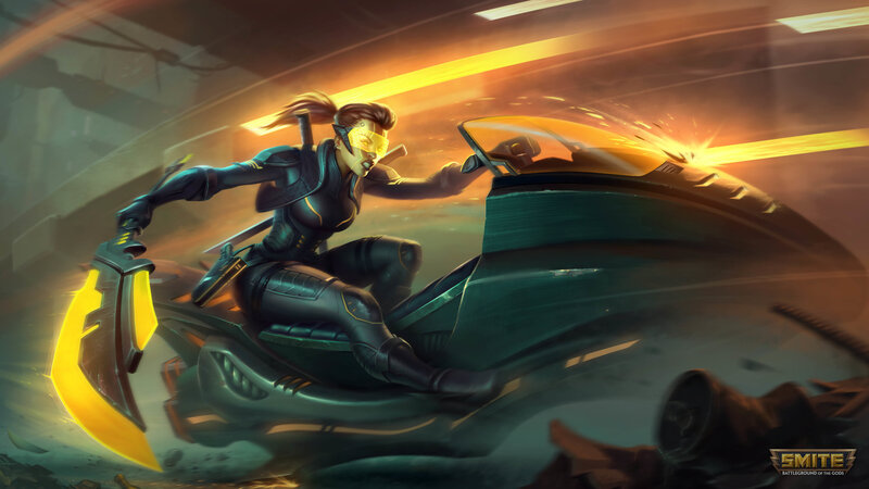 Female Warrior on Motorcycle — Yellow