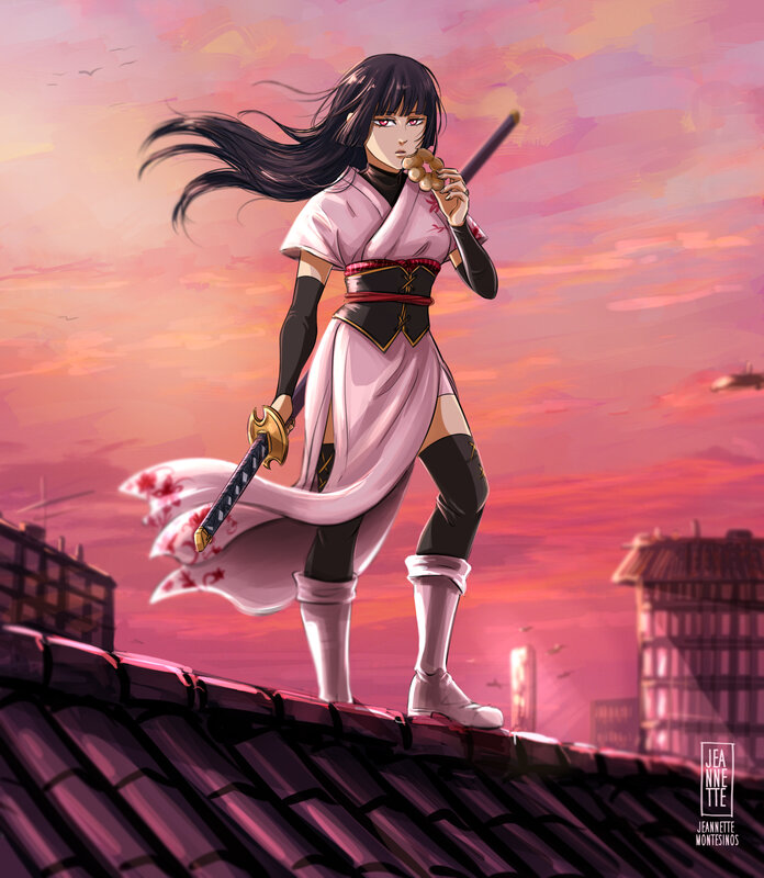 Female Warrior on Rooftop — Pink