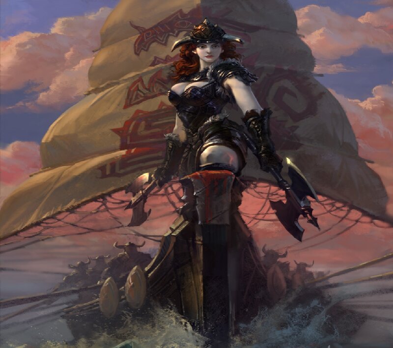 Female Warrior on Ship — Red