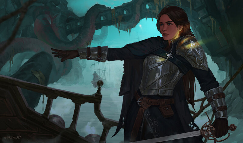 Female Warrior on Ship — Teal