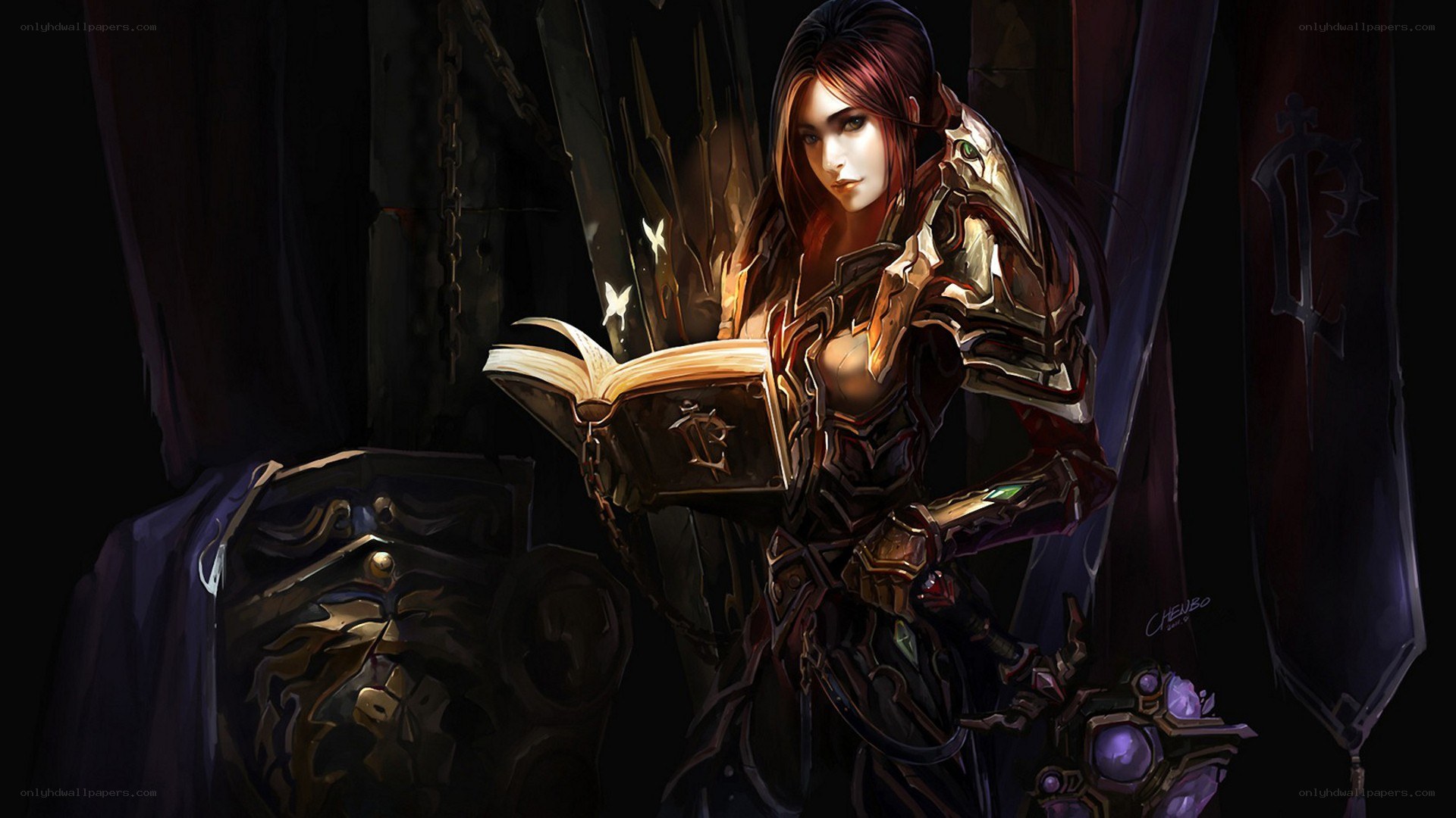 female warrior reading book