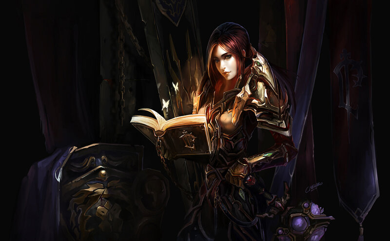 Female Warrior Reading Book — Black, Dramatic, Night, Digital Art, Armor, Shield