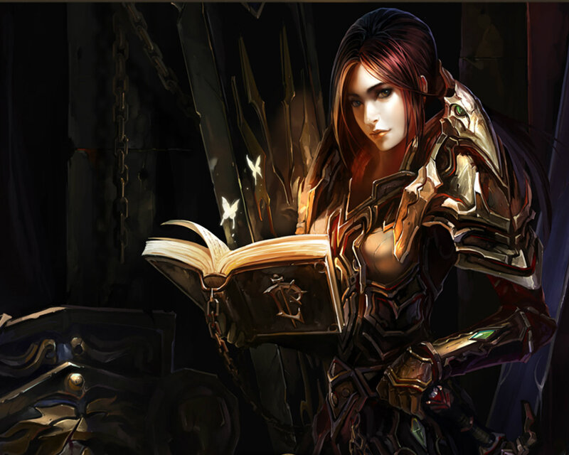 Female Warrior Reading Book — Black, Dramatic, Night, Digital Art, Armor