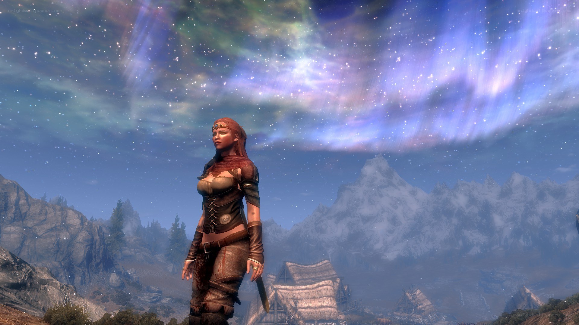 female warrior under aurora