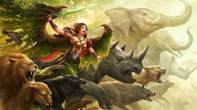 Female Warrior with Animals — Green, Dramatic