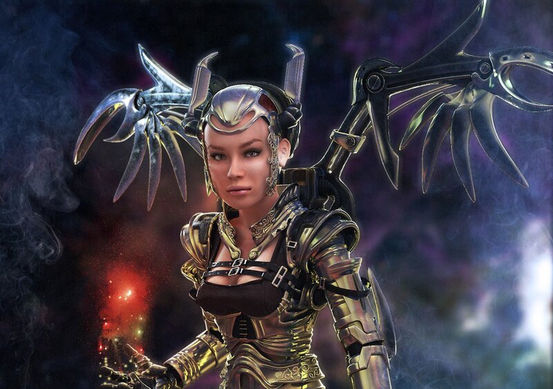Female Warrior with Armor — Black, Dramatic, Night