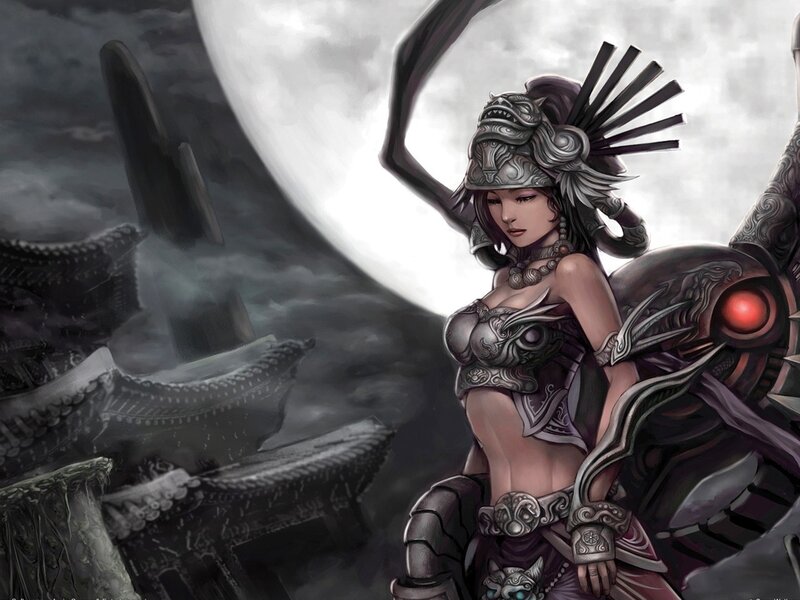 Female Warrior with Armor — Gray, Dramatic, Night, Digital Art, Moon, Ruins, Mechanical Arm