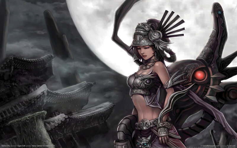 Female Warrior with Armor — Gray, Dramatic, Night, Digital Art, Moon