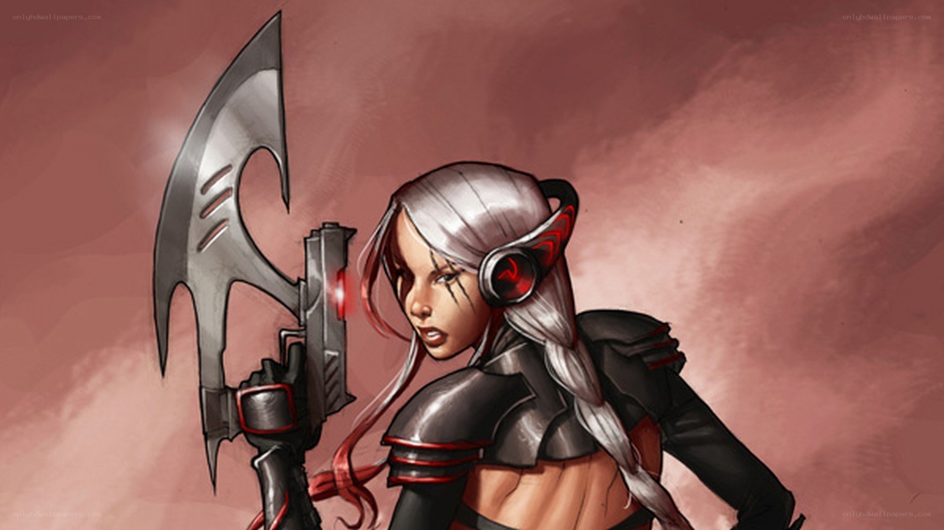 female warrior with axe and gun