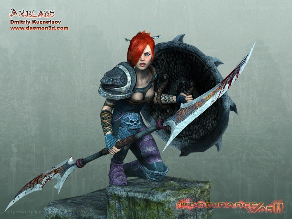female warrior with axe and shield