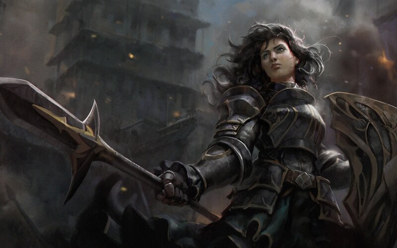 Female Warrior with Axe — Black, Dramatic, Digital Art