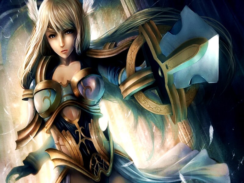 Female Warrior with Axe — Blue, Dramatic, Digital Art