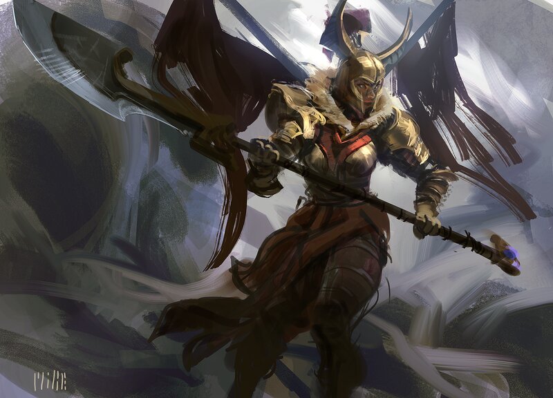 Female Warrior with Axe — Brown, Dramatic, Digital Art, Armor
