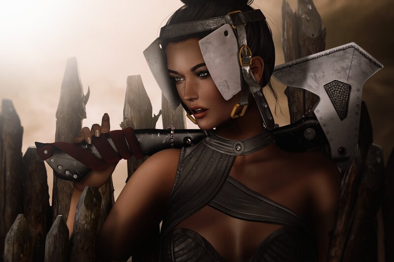 Female Warrior with Axe — Brown, Dramatic, Digital Art, Armor, Wooden Spikes