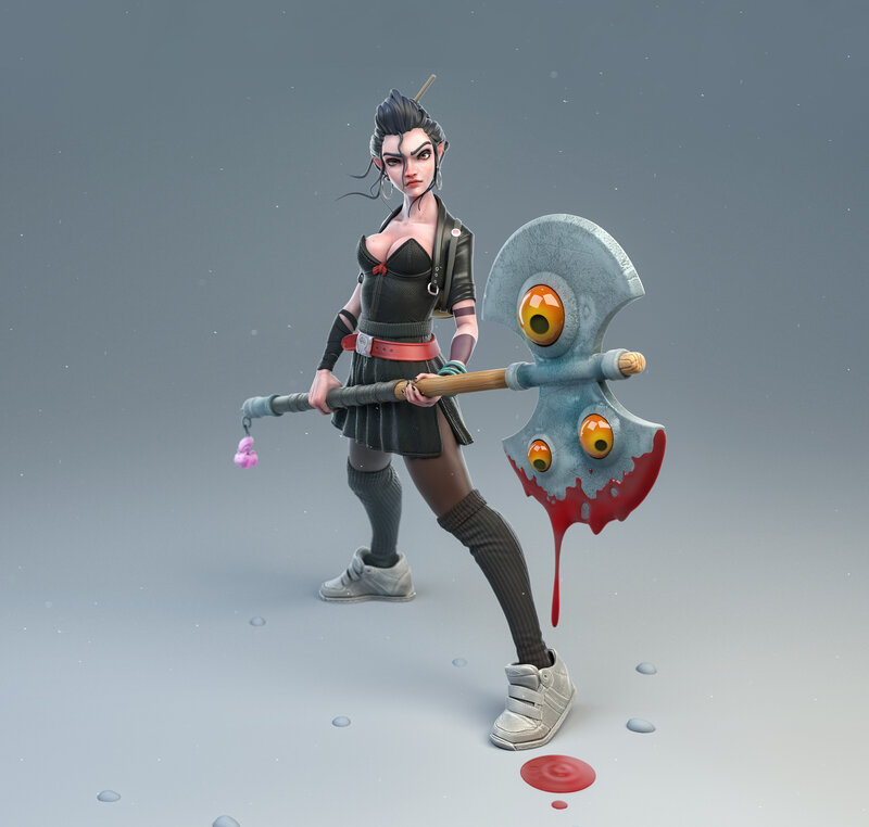 Female Warrior with Axe — Gray, Dark