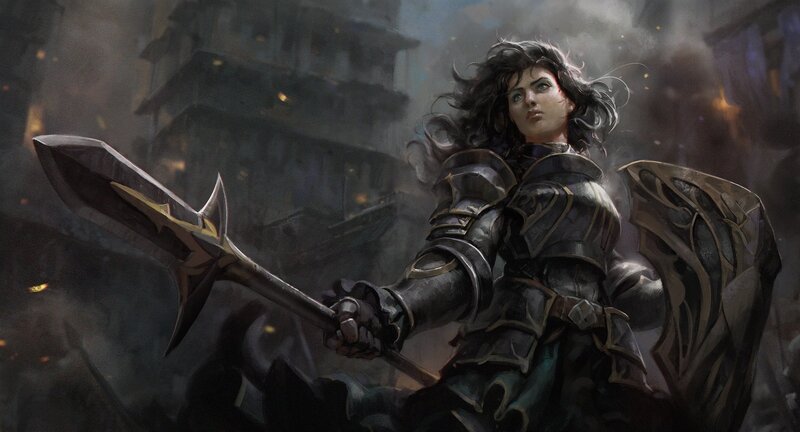 Female Warrior with Axe — Gray, Dramatic, Digital Art, Armor, Shield