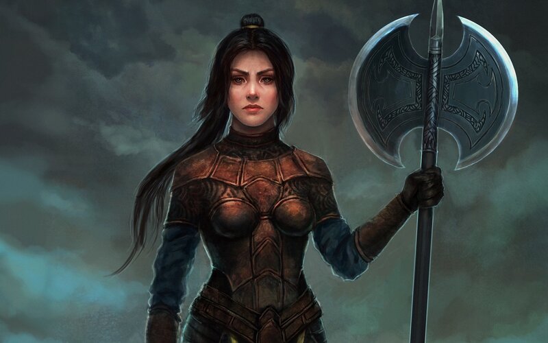 Female Warrior with Axe — Gray, Dramatic, Digital Art, Armor